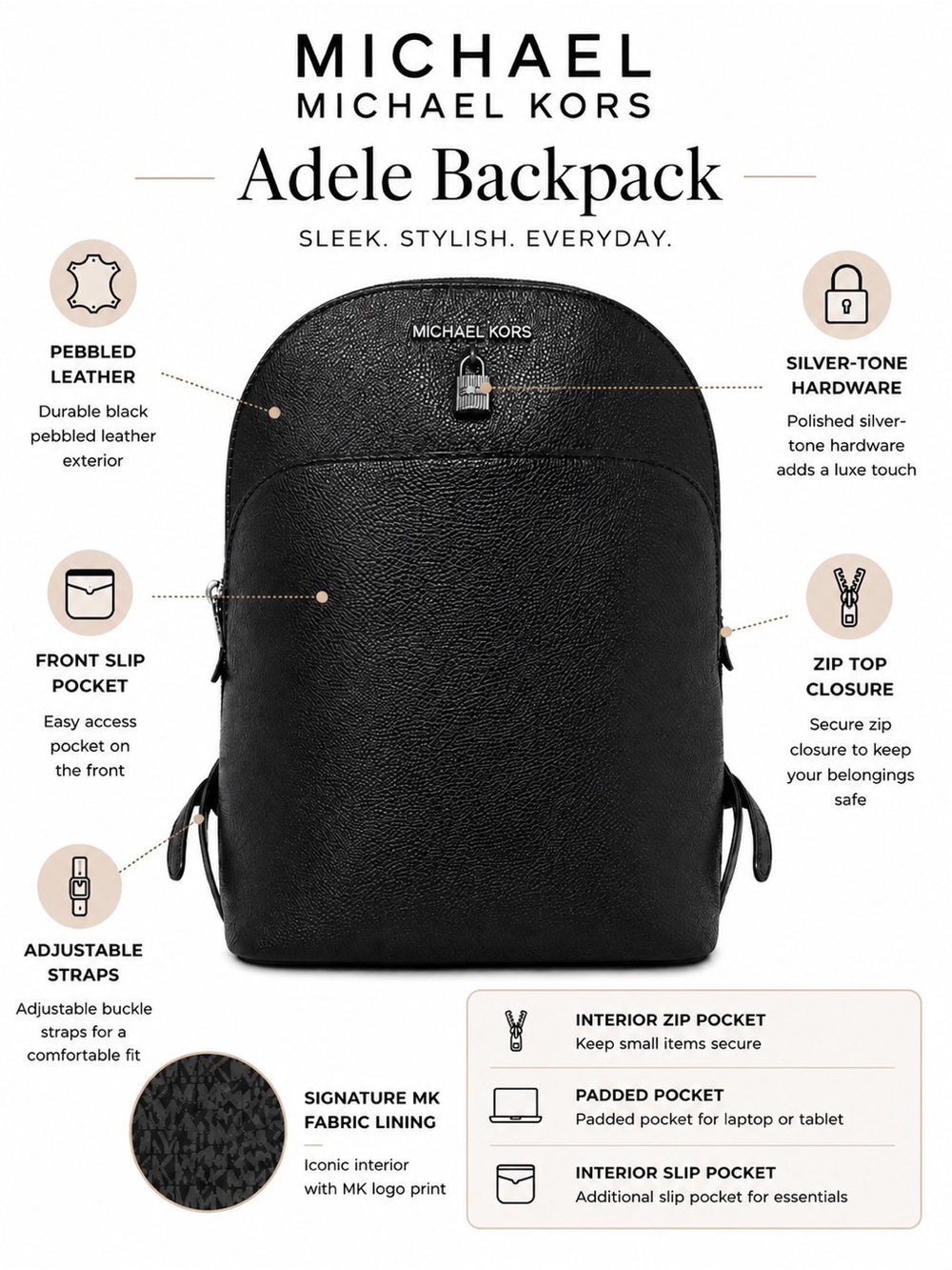 MICHAEL Michael Kors Adele Black Pebbled Leather Backpack